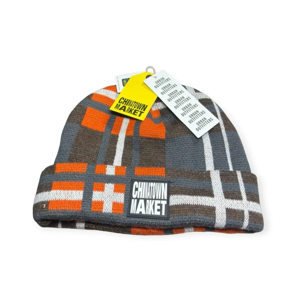 Chinatown Market x Smiley Plaid Beanie Vintage Gray Orange Y2K BNWT